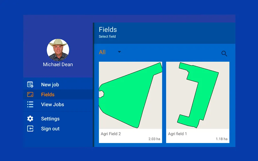 Geotrack App. Field Browsing. Field area measurement and field database storage for future processing